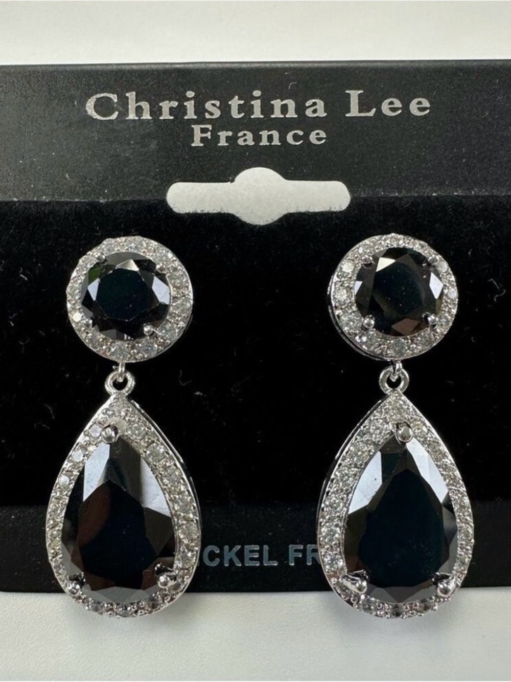 Black teardrop crystal bezel earring NEW dangle Nickle Free Wedding Formal Party